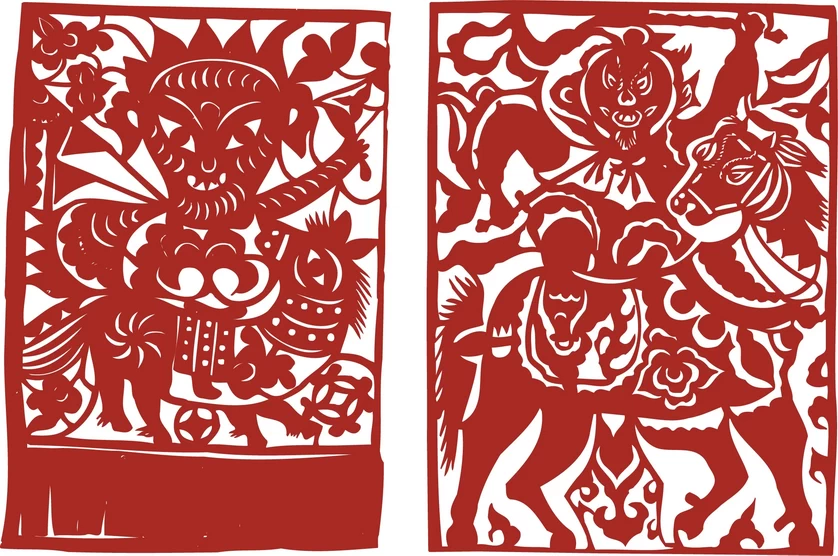 中国风中式传统喜庆民俗人物动物窗花剪纸插画边框AI矢量PNG素材【1234】
